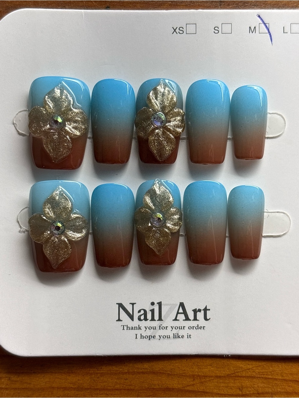 Ombre Blue to Brown Press-On Nails with Gold Floral Accent